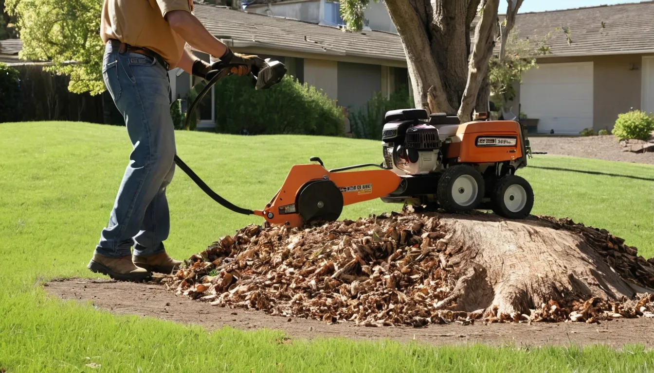 Provider grinding a tree stump in a Los Gatos backyard with wood chips flying