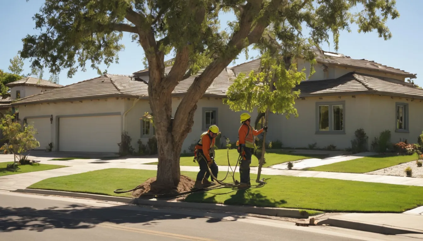 A friendly tree provider crew lowering a large tree section beside a stucco ranch home in Los Gatos